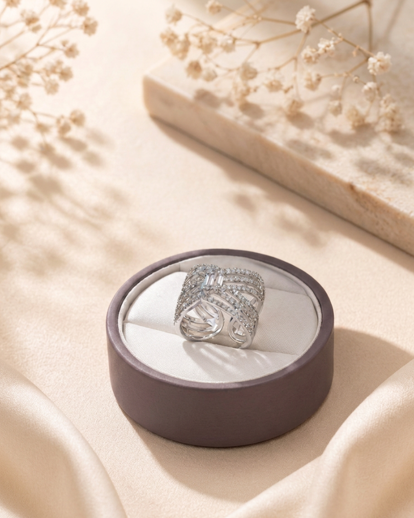 Cross-Over Stones Lined Twist Ring